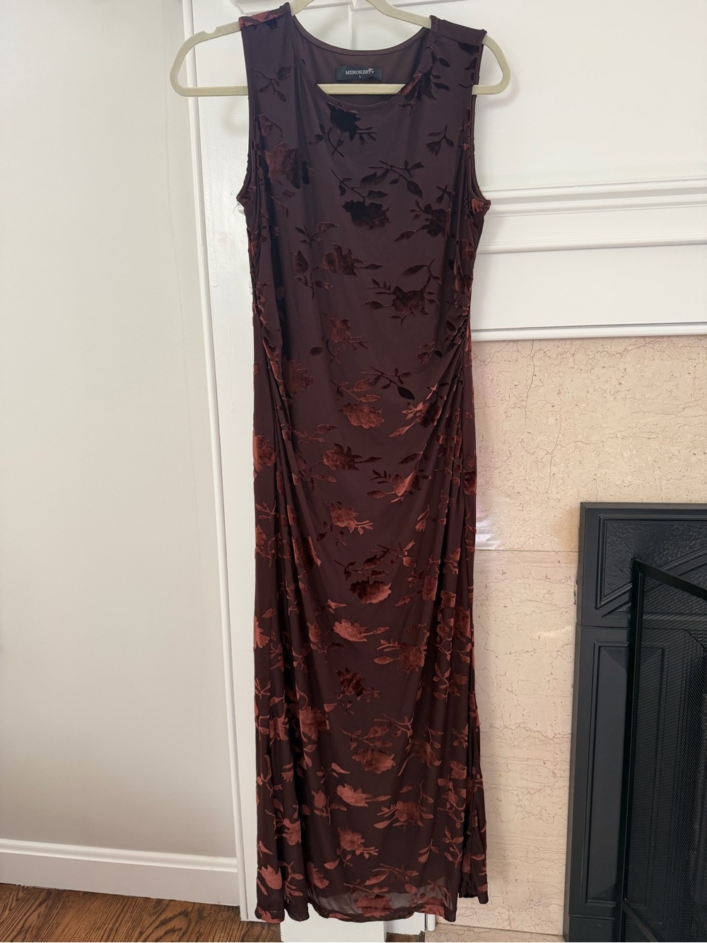 Brown Velvet Floral Embroidered Burnout Maxi Sleeveless Bohemian Fall Tone Dress